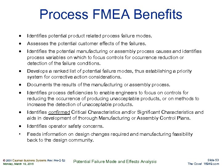 Process FMEA Benefits · Identifies potential product related process failure modes. · Assesses the