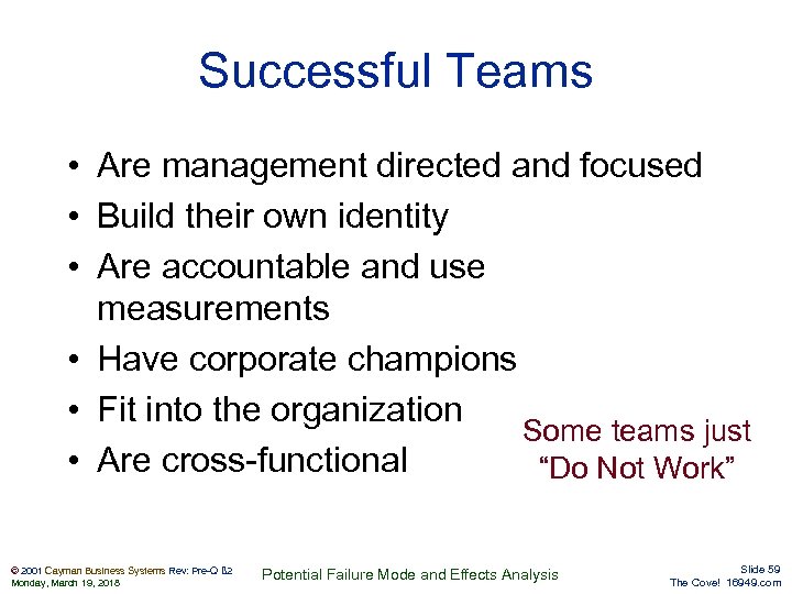 Successful Teams • Are management directed and focused • Build their own identity •