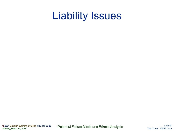 Liability Issues © 2001 Cayman Business Systems Rev: Pre-Q ß 2 Monday, March 19,