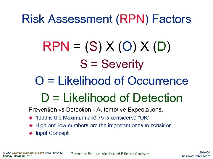 Risk Assessment (RPN) Factors RPN = (S) X (O) X (D) S = Severity