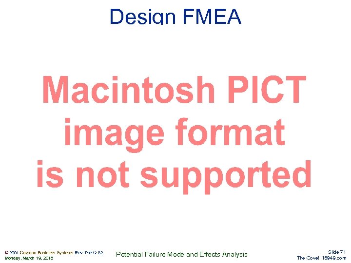 Design FMEA © 2001 Cayman Business Systems Rev: Pre-Q ß 2 Monday, March 19,