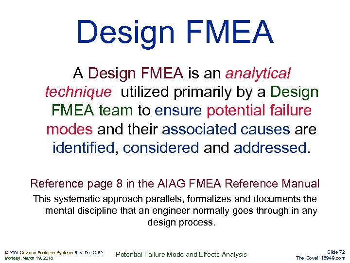 Design FMEA A Design FMEA is an analytical technique utilized primarily by a Design