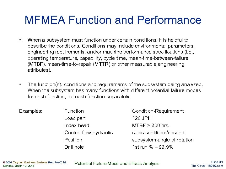 MFMEA Function and Performance • When a subsystem must function under certain conditions, it