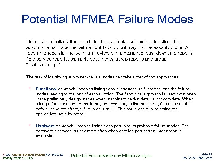 Potential MFMEA Failure Modes List each potential failure mode for the particular subsystem function.