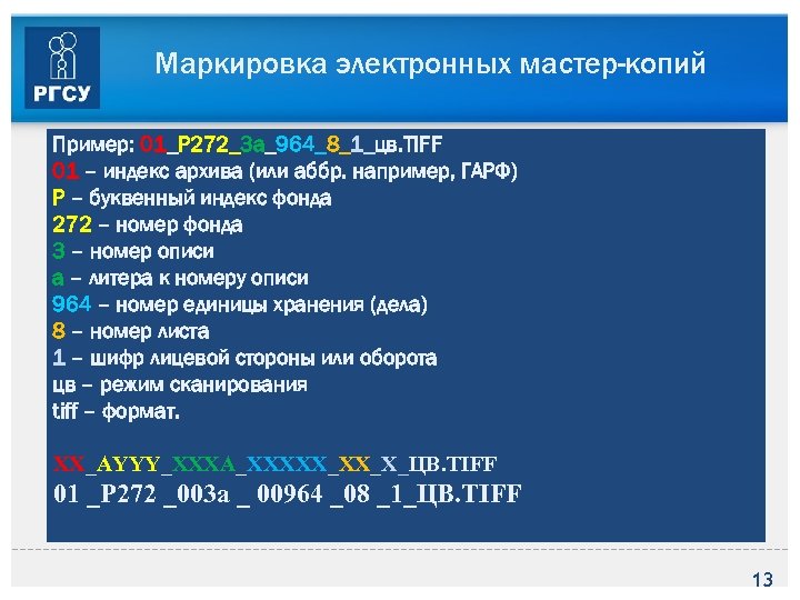 Маркировка электронных мастер-копий Пример: 01_Р 272_3 а_964_8_1_цв. TIFF 01 – индекс архива (или аббр.