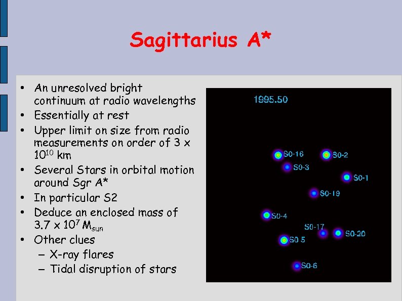 Sagittarius A* • An unresolved bright continuum at radio wavelengths • Essentially at rest