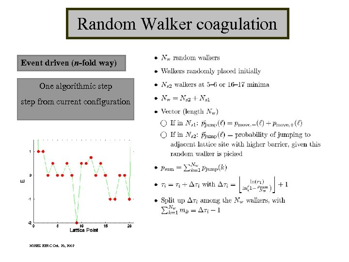 Random Walker coagulation Event driven (n-fold way) One algorithmic step from current configuration NIHES