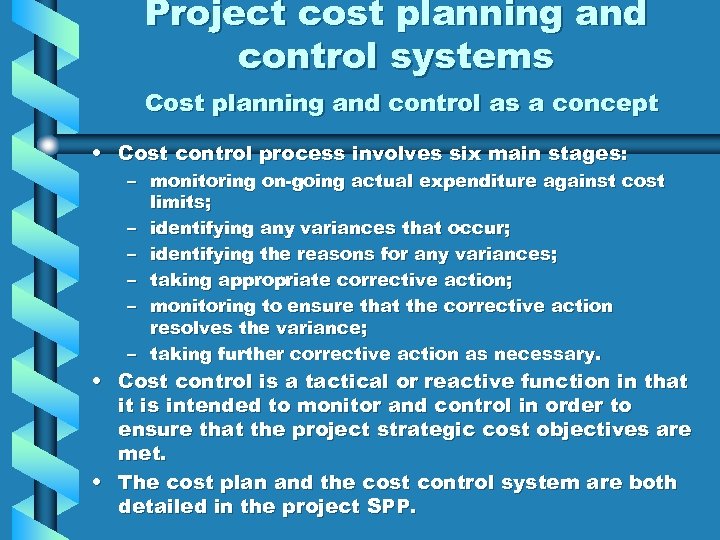 Project cost planning and control systems Cost planning and control as a concept •