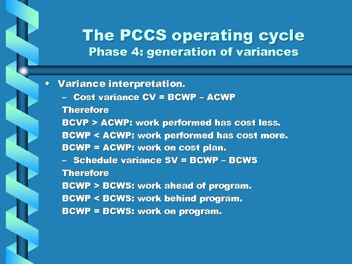 The PCCS operating cycle Phase 4: generation of variances • Variance interpretation. – Cost