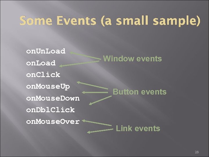 Some Events (a small sample) on. Un. Load on. Click on. Mouse. Up on.