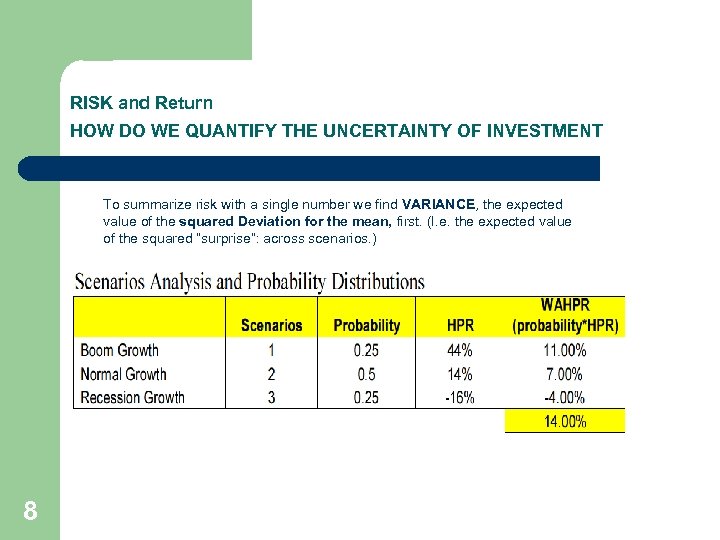 RISK and Return HOW DO WE QUANTIFY THE UNCERTAINTY OF INVESTMENT To summarize risk