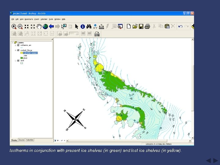 Isotherms in conjunction with present ice shelves (in green) and lost ice shelves (in