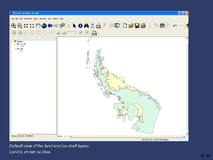 Default view of the land ice shelf layers. Land is shown as blue. 