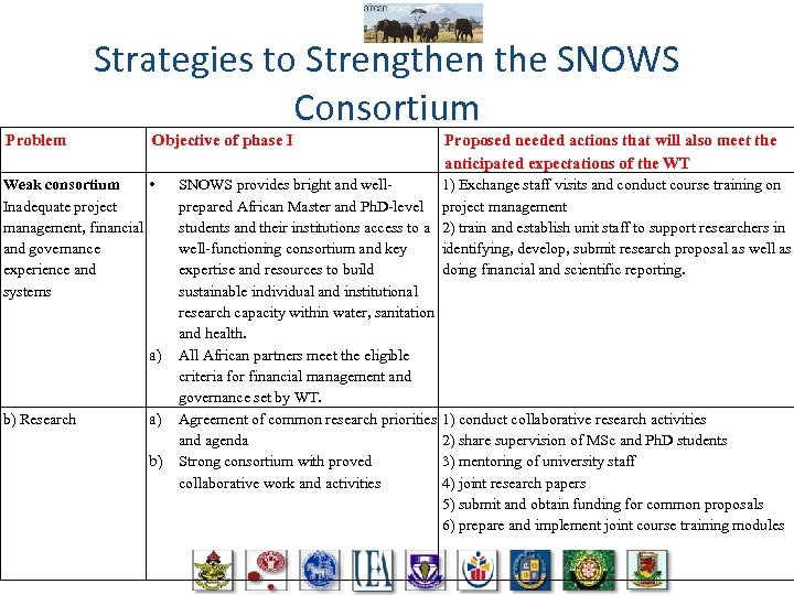 Strategies to Strengthen the SNOWS Consortium Problem Objective of phase I Weak consortium •