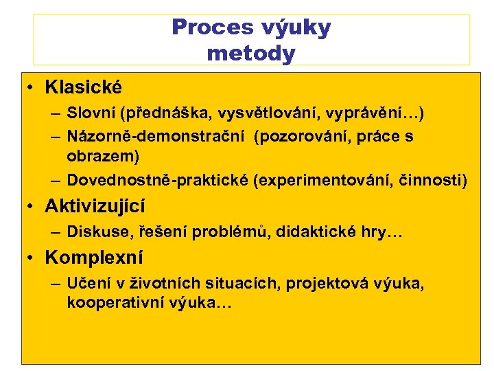 Proces výuky metody • Klasické – Slovní (přednáška, vysvětlování, vyprávění…) – Názorně-demonstrační (pozorování, práce