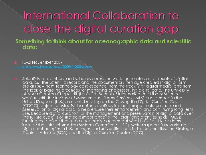 International Collaboration to close the digital curation gap Something to think about for oceanographic