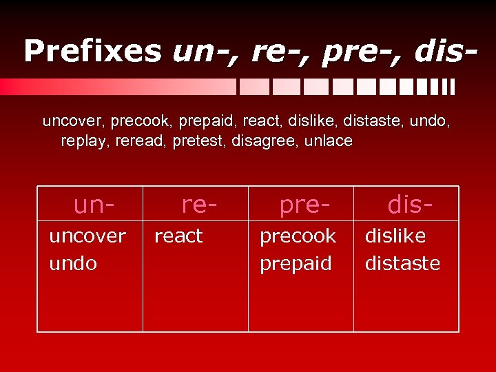 Prefixes un-, re-, pre-, disuncover, precook, prepaid, react, dislike, distaste, undo, replay, reread, pretest,