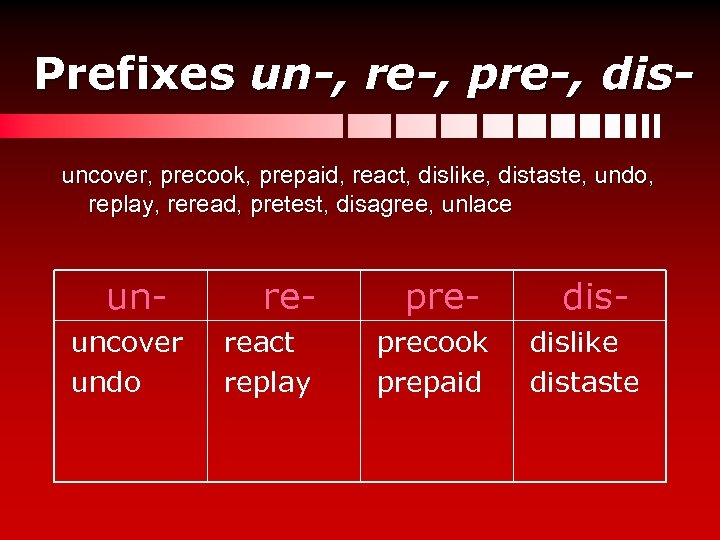 Prefixes un-, re-, pre-, disuncover, precook, prepaid, react, dislike, distaste, undo, replay, reread, pretest,
