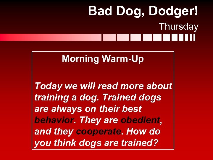 Bad Dog, Dodger! Thursday Morning Warm-Up Today we will read more about training a