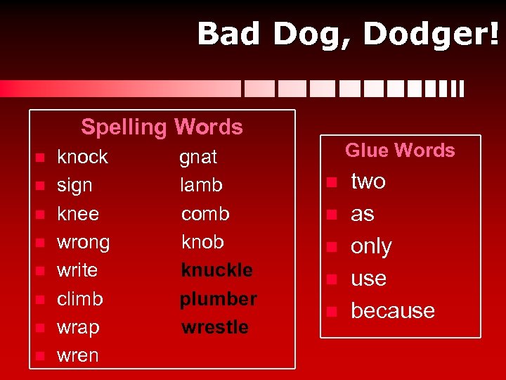 Bad Dog, Dodger! Spelling Words n n n n knock sign knee wrong write