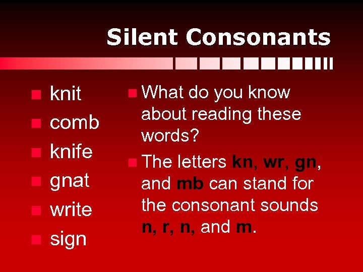 Silent Consonants n n n knit comb knife gnat write sign n What do