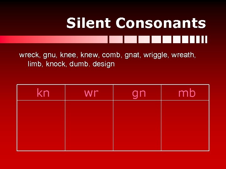 Silent Consonants wreck, gnu, knee, knew, comb, gnat, wriggle, wreath, limb, knock, dumb. design