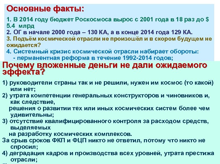 Основные факты: 1. В 2014 году бюджет Роскосмоса вырос с 2001 года в 18