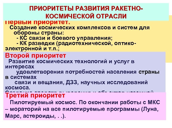 ПРИОРИТЕТЫ РАЗВИТИЯ РАКЕТНОКОСМИЧЕСКОЙ ОТРАСЛИ Первый приоритет. Создание космических комплексов и систем для обороны страны: