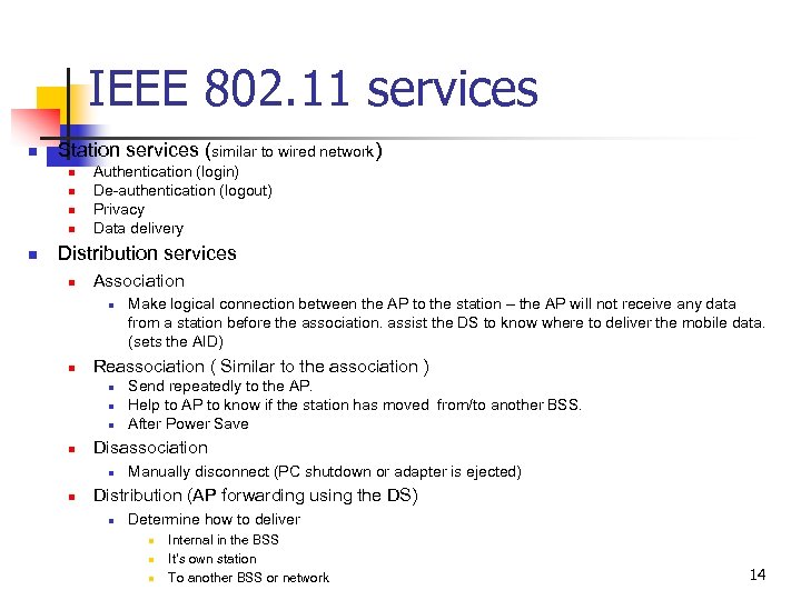 IEEE 802. 11 services n Station services (similar to wired network) n n n