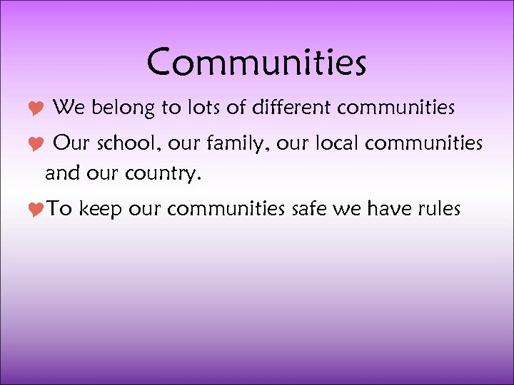 Communities We belong to lots of different communities Our school, our family, our local
