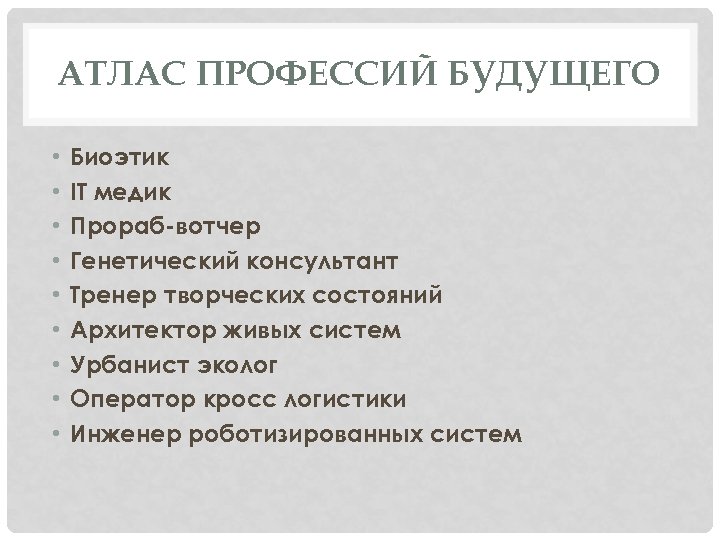 АТЛАС ПРОФЕССИЙ БУДУЩЕГО • • • Биоэтик IT медик Прораб-вотчер Генетический консультант Тренер творческих