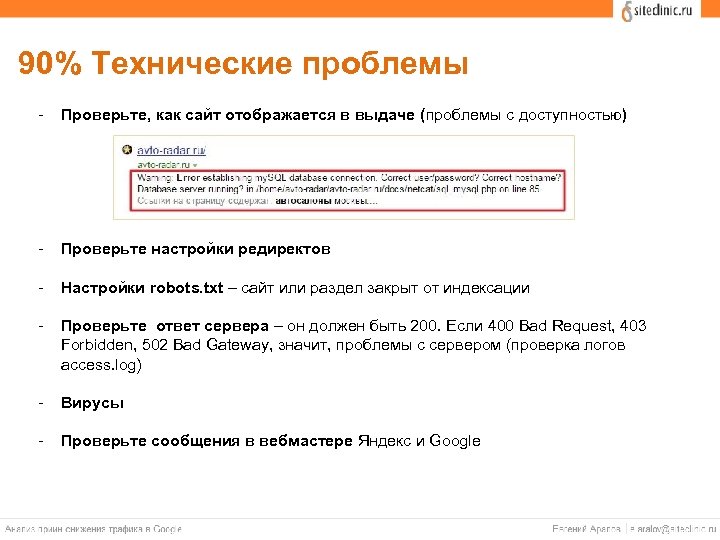 90% Технические проблемы - Проверьте, как сайт отображается в выдаче (проблемы с доступностью) -