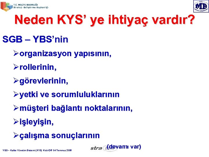 Neden KYS’ ye ihtiyaç vardır? SGB – YBS’nin Øorganizasyon yapısının, Ørollerinin, Øgörevlerinin, Øyetki ve