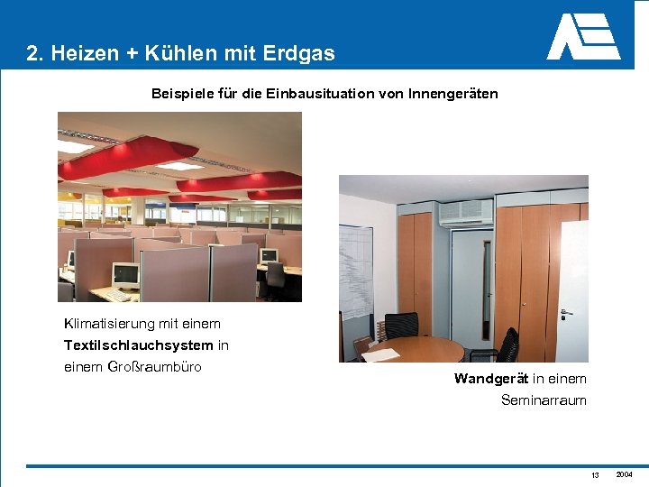 2. Heizen + Kühlen mit Erdgas Beispiele für die Einbausituation von Innengeräten Klimatisierung mit