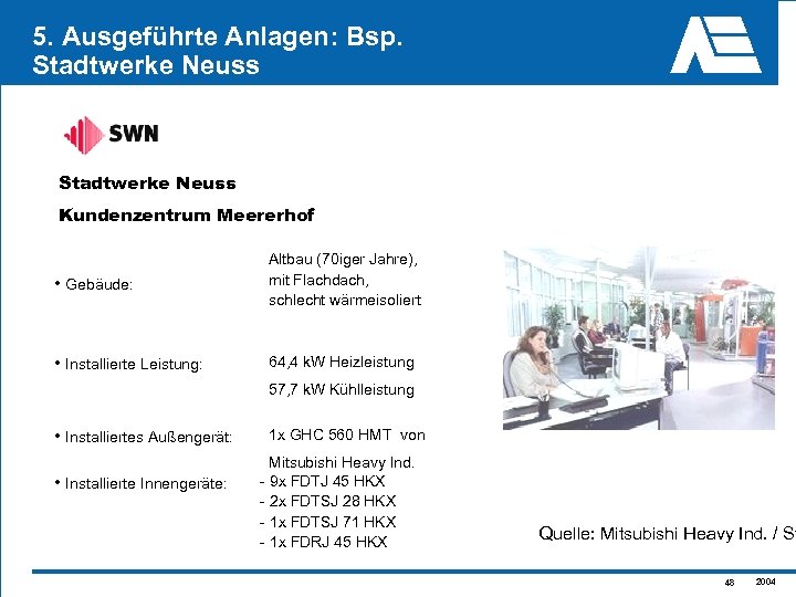 5. Ausgeführte Anlagen: Bsp. Stadtwerke Neuss Kundenzentrum Meererhof • Gebäude: Altbau (70 iger Jahre),