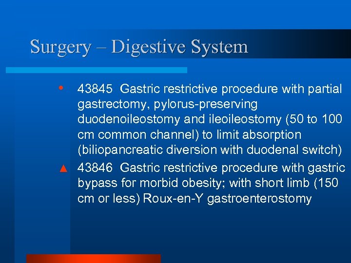 Surgery – Digestive System • 43845 Gastric restrictive procedure with partial gastrectomy, pylorus-preserving duodenoileostomy