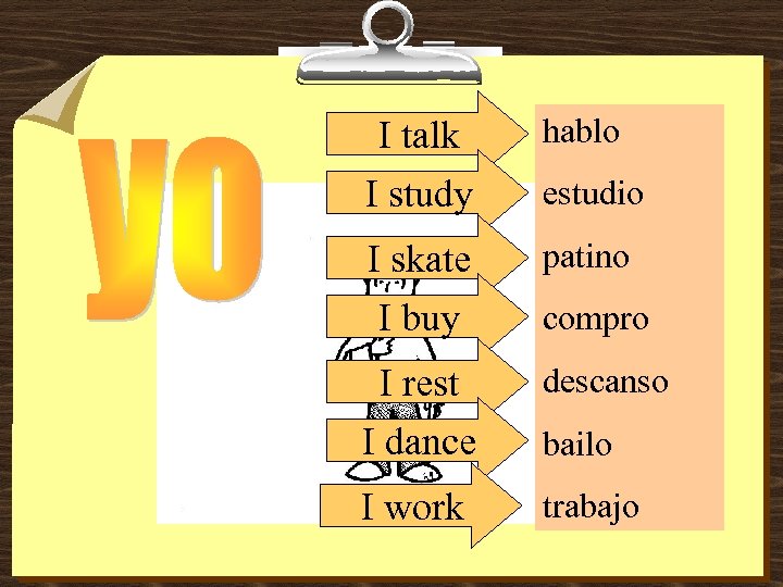 I talk hablo I study estudio I skate I buy patino I rest I