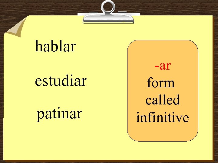 hablar estudiar patinar -ar form called infinitive 