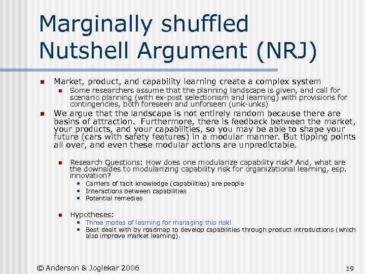 Marginally shuffled Nutshell Argument (NRJ) n Market, product, and capability learning create a complex