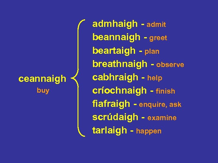 ceannaigh buy admhaigh - admit beannaigh - greet beartaigh - plan breathnaigh - observe