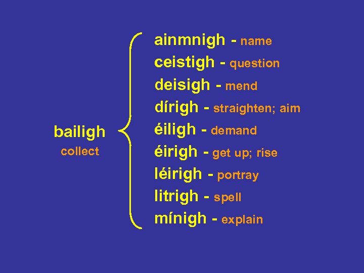 bailigh collect ainmnigh - name ceistigh - question deisigh - mend dírigh - straighten;