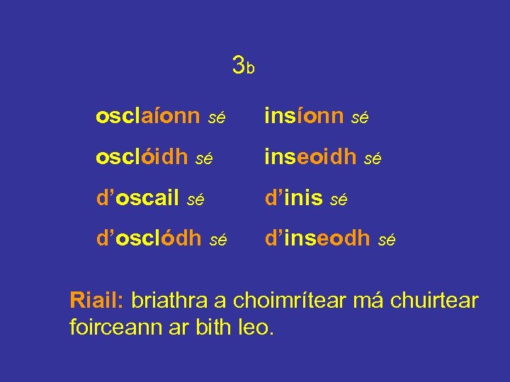 3 b osclaíonn sé insíonn sé osclóidh sé inseoidh sé d’oscail sé d’inis sé