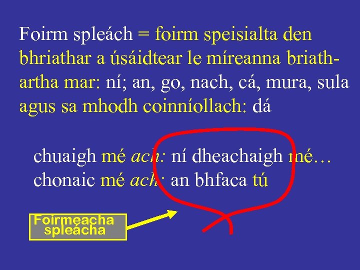 Foirm spleách = foirm speisialta den bhriathar a úsáidtear le míreanna briathartha mar: ní;