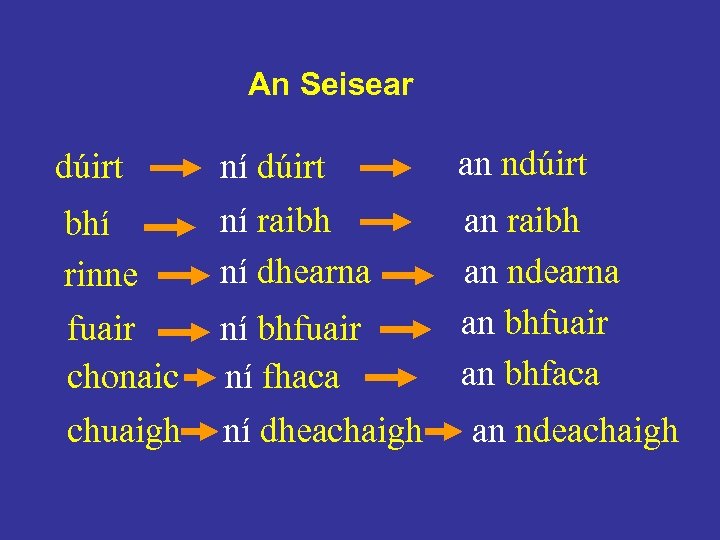 An Seisear dúirt bhí rinne fuair chonaic chuaigh ní dúirt ní raibh ní dhearna