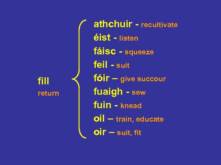 fill return athchuir - recultivate éist - listen fáisc - squeeze feil - suit