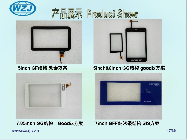 5 inch GF结构 敦泰方案　　　　　 5 inch&8 inch GG结构 goodix方案 7. 85 inch GG结构　Goodix方案　　 7