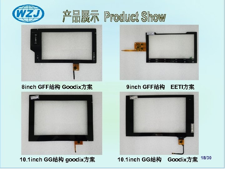 8 inch GFF结构 Goodix方案　　　　　　9 inch GFF结构　EETI方案 10. 1 inch GG结构 goodix方案　　　　10. 1 inch GG结构　Goodix方案