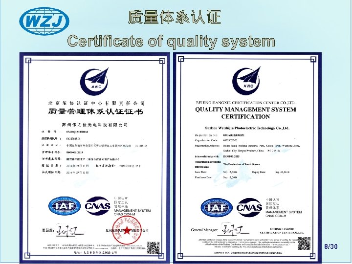 质量体系认证 Certificate of quality system www. szwzj. com 8/30 