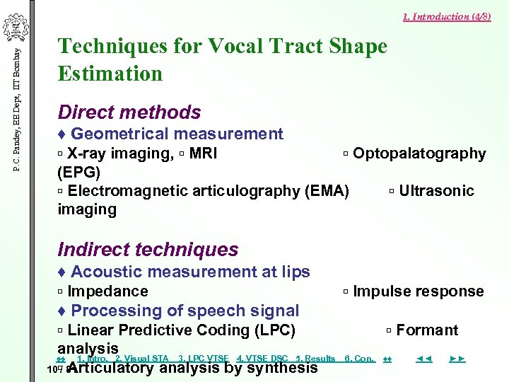 P. C. Pandey, EE Dept, IIT Bombay 1. Introduction (4/8) Techniques for Vocal Tract