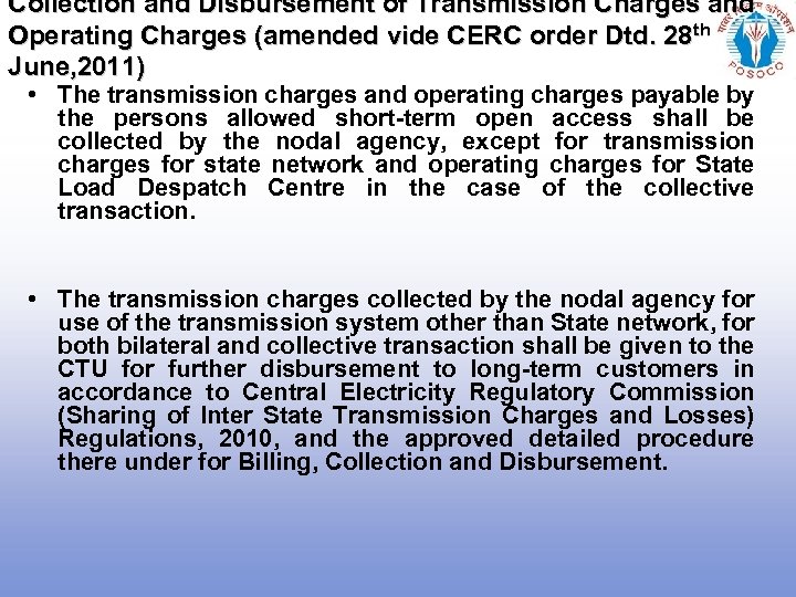 Collection and Disbursement of Transmission Charges and Operating Charges (amended vide CERC order Dtd.